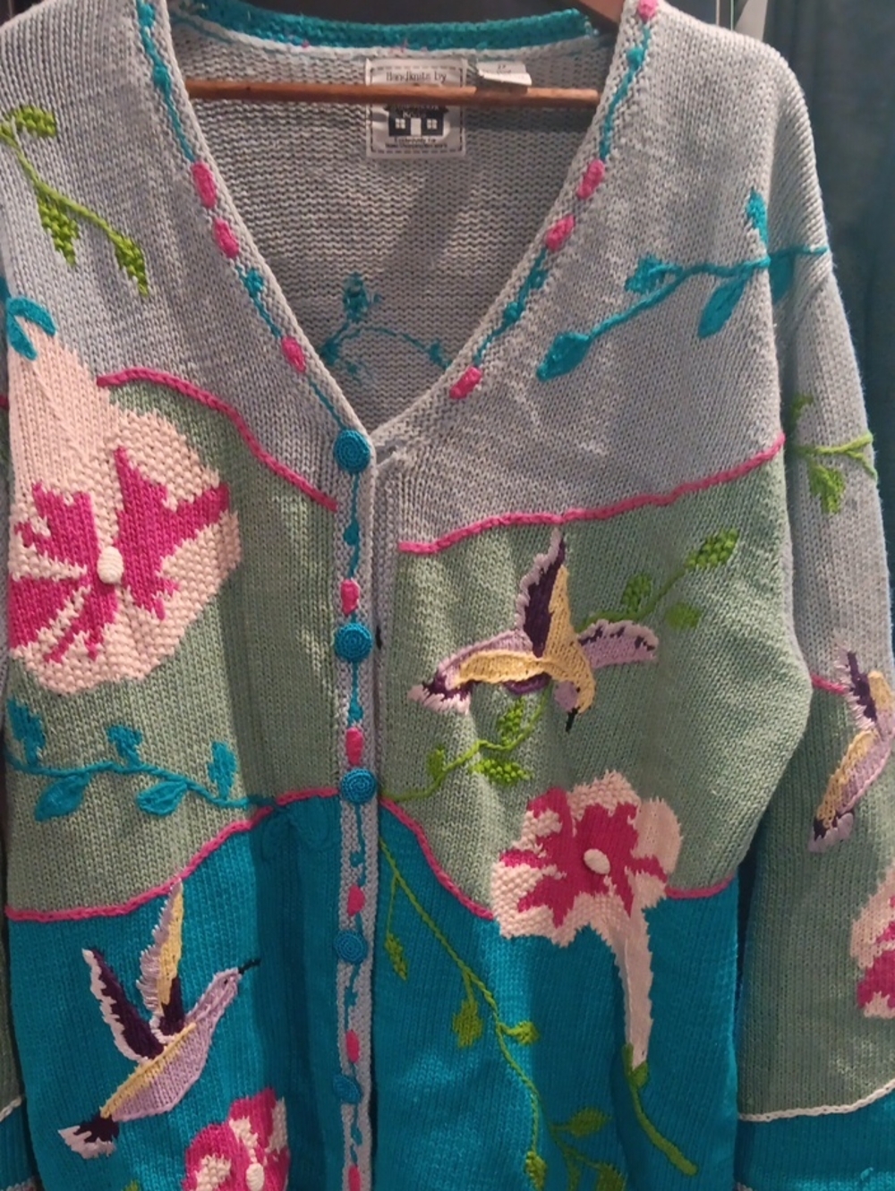 Storybook Knits Turquoise, Mint & Pink Embroidered Floral Cardigan